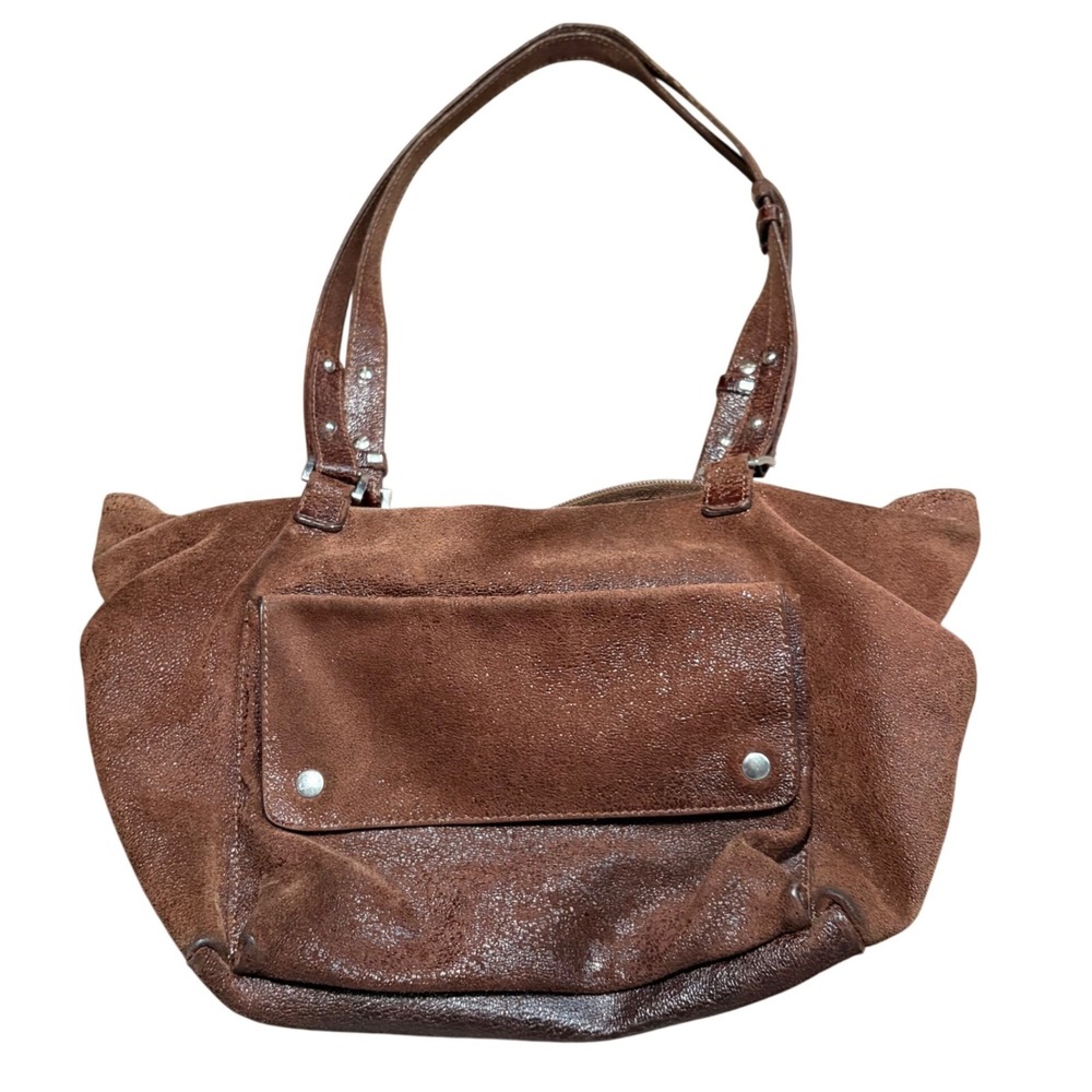 Vintage Italian Leagher Brown Suede Crackle Shoulder Bag Hobo Tote Slouchy